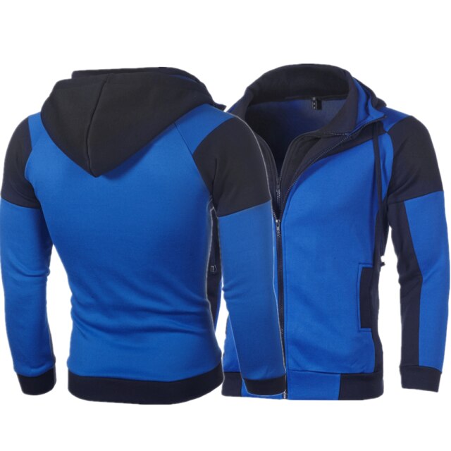 Men's Jacket Double Zipper Collar Mosaic Contrast Fashion Autumn Winter Hoodie Casual Loose Coat