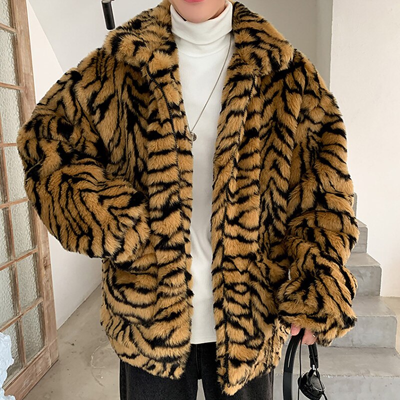 Faux Fur Tiger Leopard Coat Men Winter Warm Thick Jacket Turn-down Collar Pocket Overcoat Fashion Male Outerwear Plus Size M-3XL