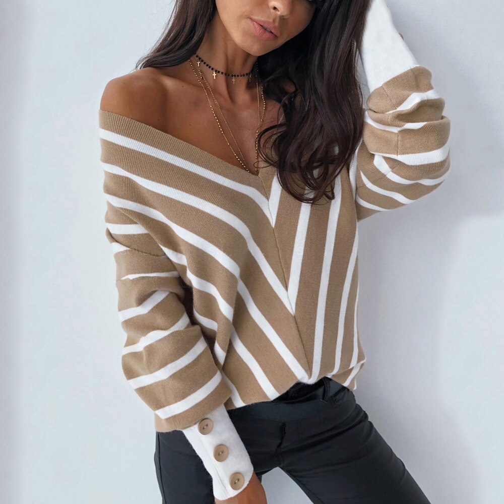 Sexy Striped V Neck Off Shoulder Knitted Sweater Woman Elegant Office Ladied Autumn Clothes Thin Pullover Casual Top Black Khaki