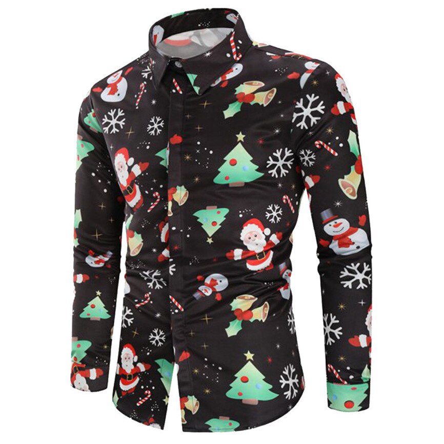 Camisa Masculina Men Casual Snowflakes Santa Candy Printed Christmas Shirt Top Blouse Chemise Homme Noel Long Sleeve