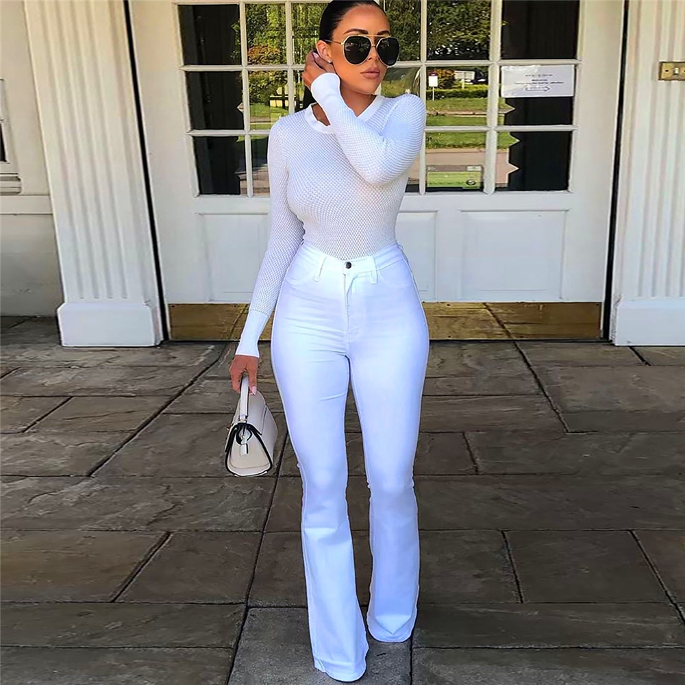 Cotton White High Waist Casual Flared Jeans Women 2022 Spring New Slim Slimming Denim Trousers Office Lady Pants