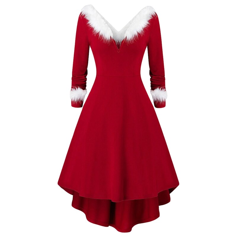 Christmas Long-sleeved Dress Plush V-Neck Red Slim Fit Fashion Patchwork Xmas Women Party XXL