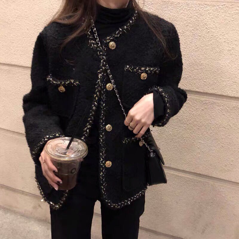 Casual Female Black Tweed Jacket Coat Women Outerwear Coats Channel Style Suit Cropped Stripeed Kawaii Round Neck