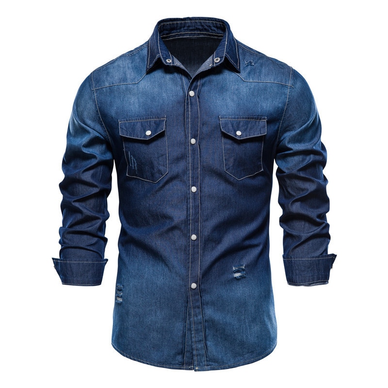 Designer Men Long Sleeve Gradient Denim Shirt Mens Casual Dress Male Jean Shirts High Quality Soft 100% Cotton 2022