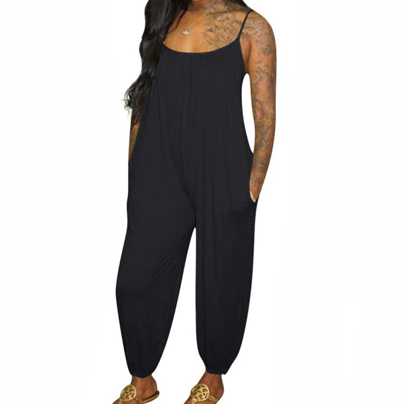 Women Solid Color Jumpsuit, U-shaped Neck Spaghetti Strap Backless Loose Casual Romper Summer Playsuit Plus Size