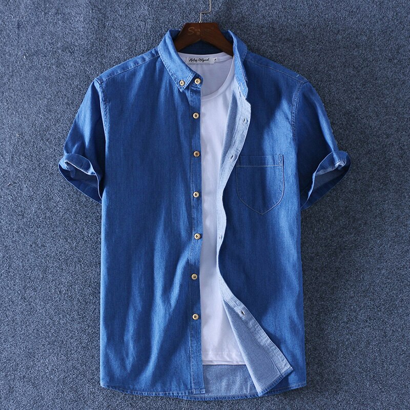 100% Cotton Men's Summer Slim Denim Short-sleeved Shirt Classic Brand Trendy Fashion High-quality Blue Light