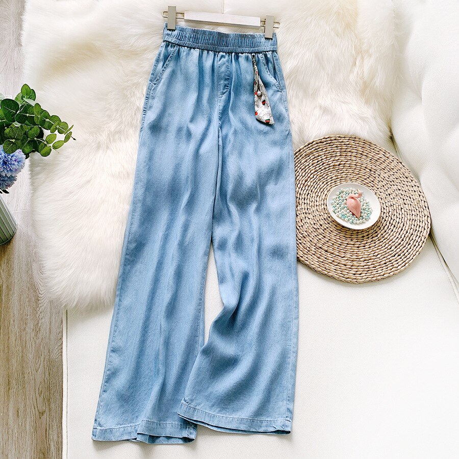 Tencel High Waist Straight Tube Jeans Women's Loose Pendant Summer Thin Wide Leg Pants Ice Silk 2022 NEW