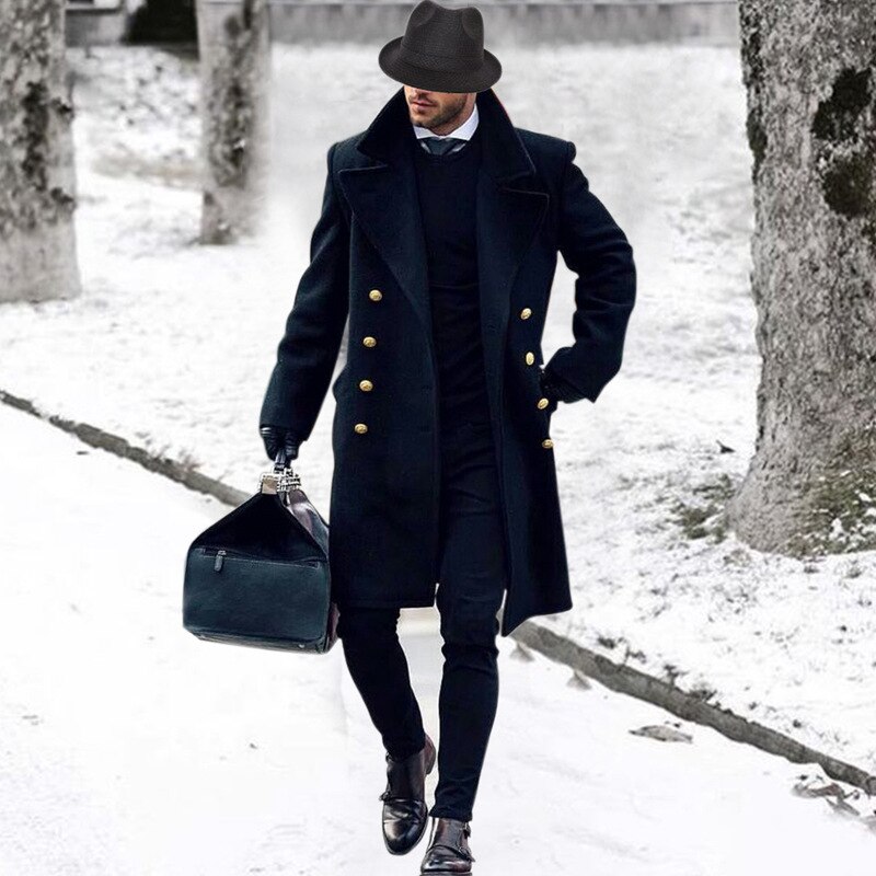 England Style Winter Trench Coats Men Casual Slim Double Breasted Warm Mens Jacket Long Sleeve Oversized Male Overcoat