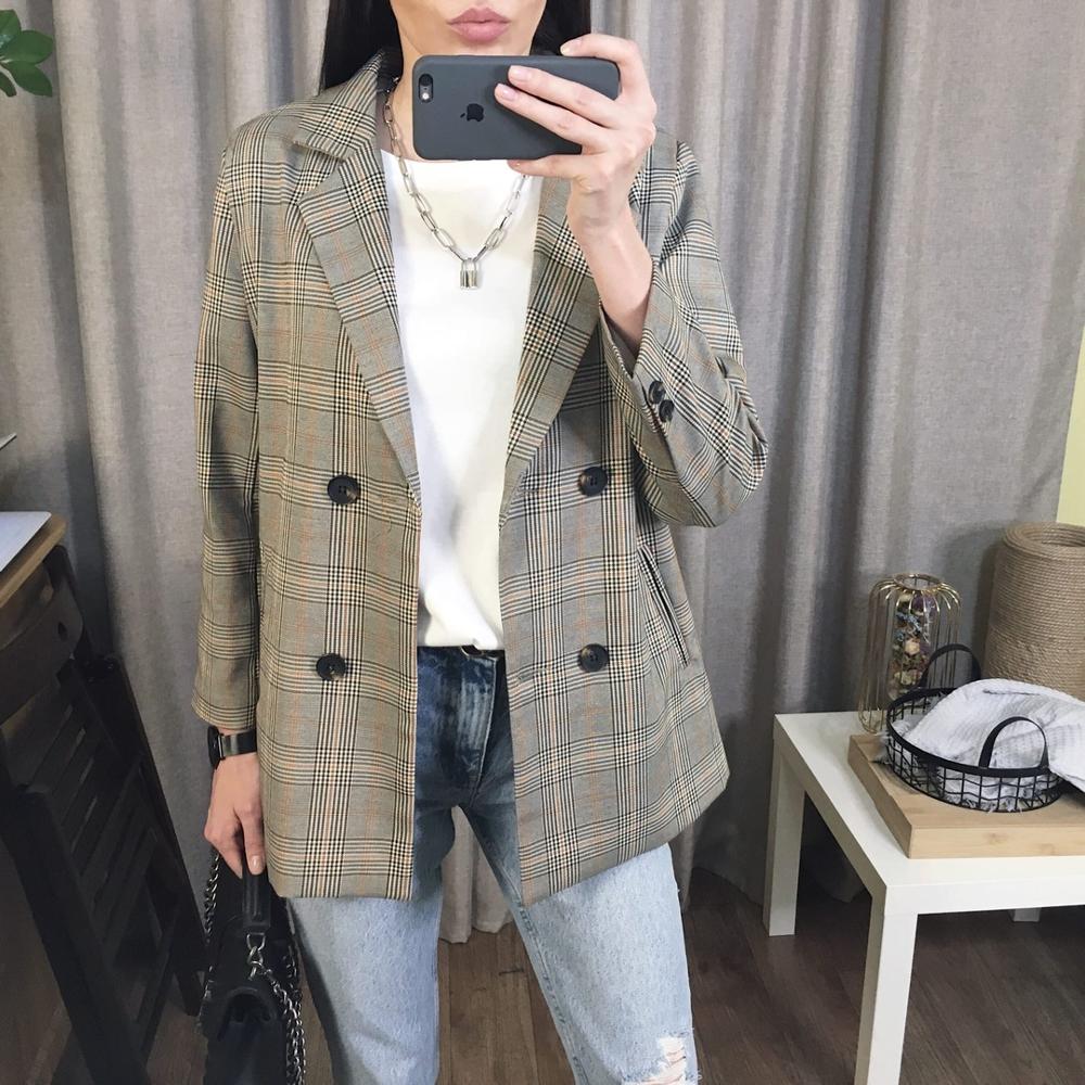 Spring Women Plaid Blazer Korean Fashion Streetwear Causal Coat Double Breasted Office Ladies Houndstooth