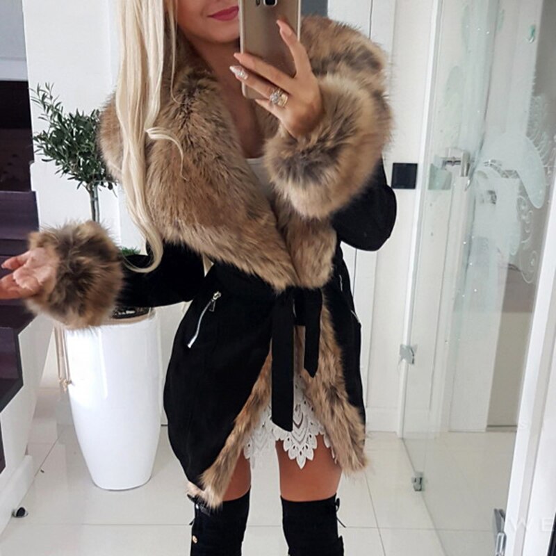 Faux Fur Collar Women Cotton Jacket Long Warm Lace-up Multi-color Long-sleeved Elegant Ladies Coat