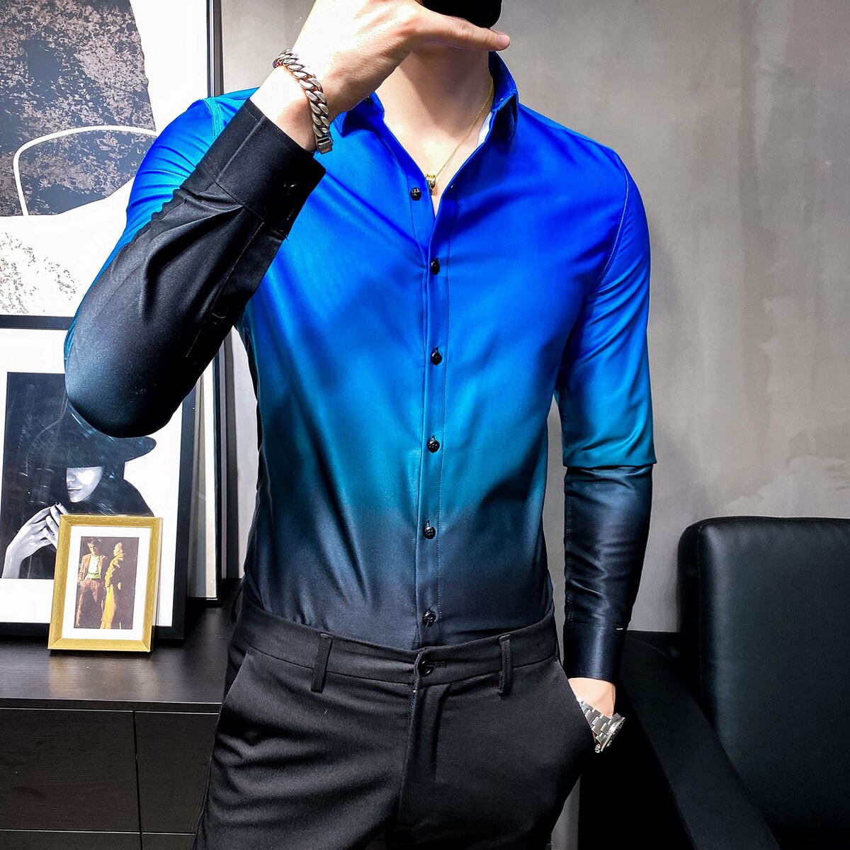 Chic Gradient Color Shirt Men 2022 Spring Autumn Slim Fit Long Sleeve Fancy Office Party Club Breathable