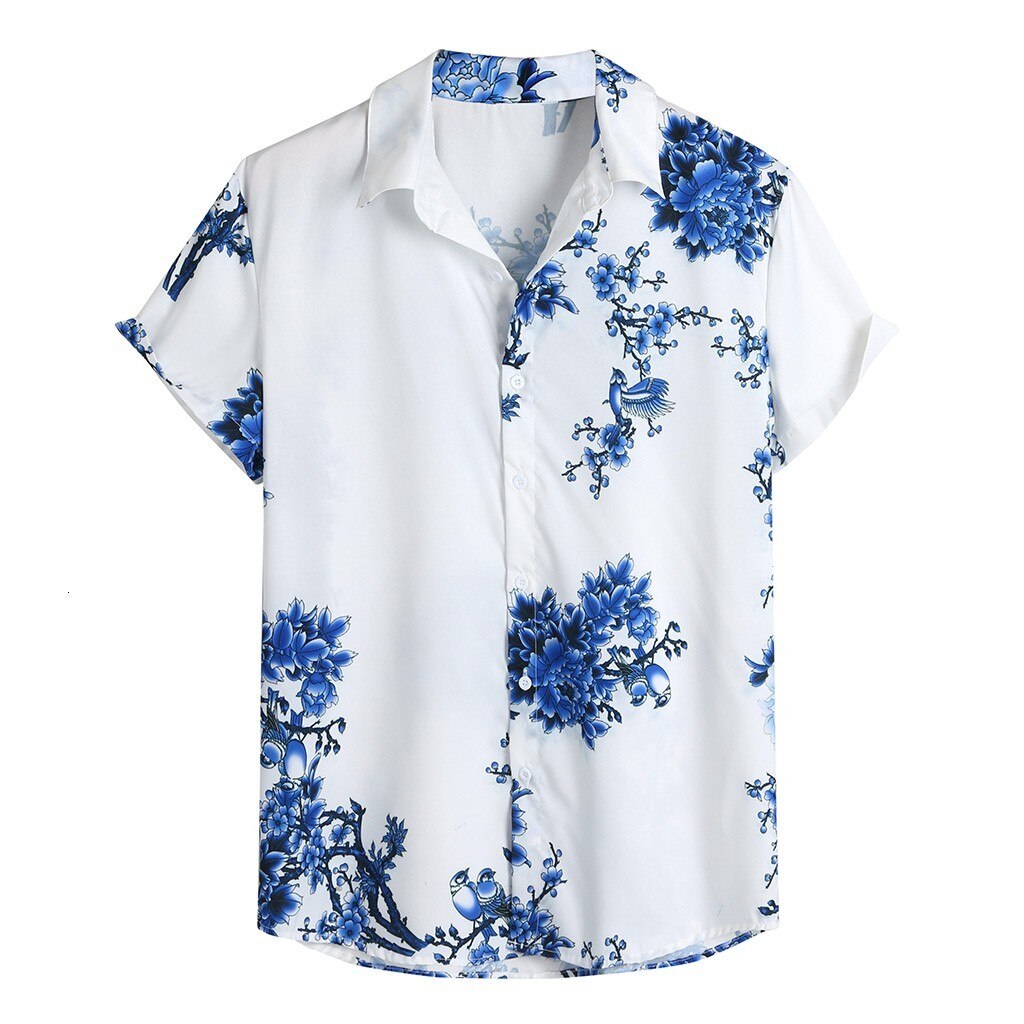 Beach Hawaiian Shirt Men Streetwear Camisa 2022 Mens Loose Lump Chest Print Short Sleeve Turn-down Collar Round Hem Shirts M-3XL