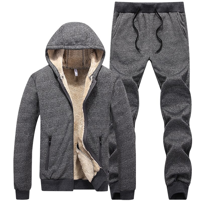 Winter Thick Warm Fleece Tracksuit Men Sets 2 Piece Hooded Jacket+Track Pants Casual Sportswear Sweat Suits L-5XL