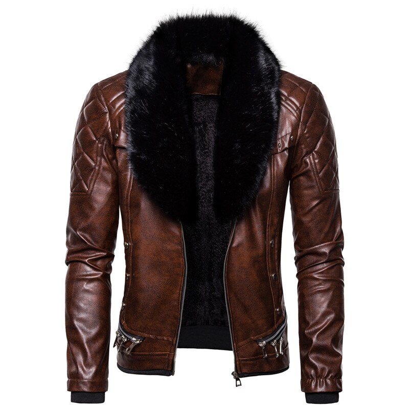 Trendy Fur Collar Detachable Leather Jacket Men Fashion Motocycle Faux Jackets Coats Slim Fit Windproof Warm