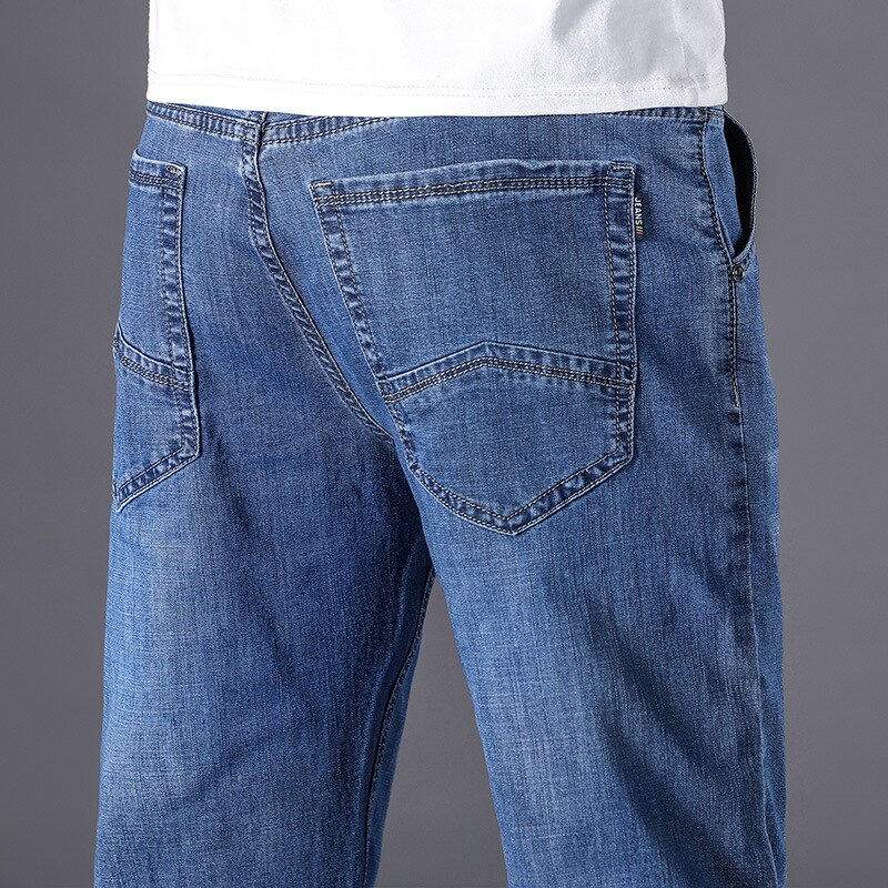 Spring Summer Brand Classic Casual Straight Men Jeans Blue Lightweight Cotton Fashion Trousers Denim Quality Stretch 2022