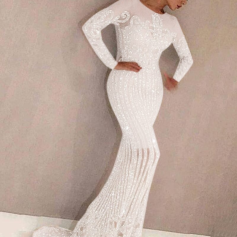 Fashion Sequined Maxi Dress Women 2022 Winter Sexy Party Long Sleeve Bodycon White Mermaid Dresses Ladies Floor-Length Vestidos