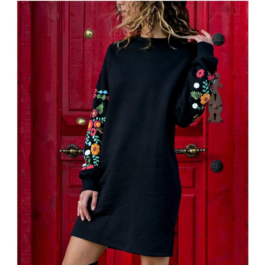 Women Floral Printed Long Sleeve Dress Ladies Sexy Spring Round Neck Loose Cotton Jersey Middle MT4183