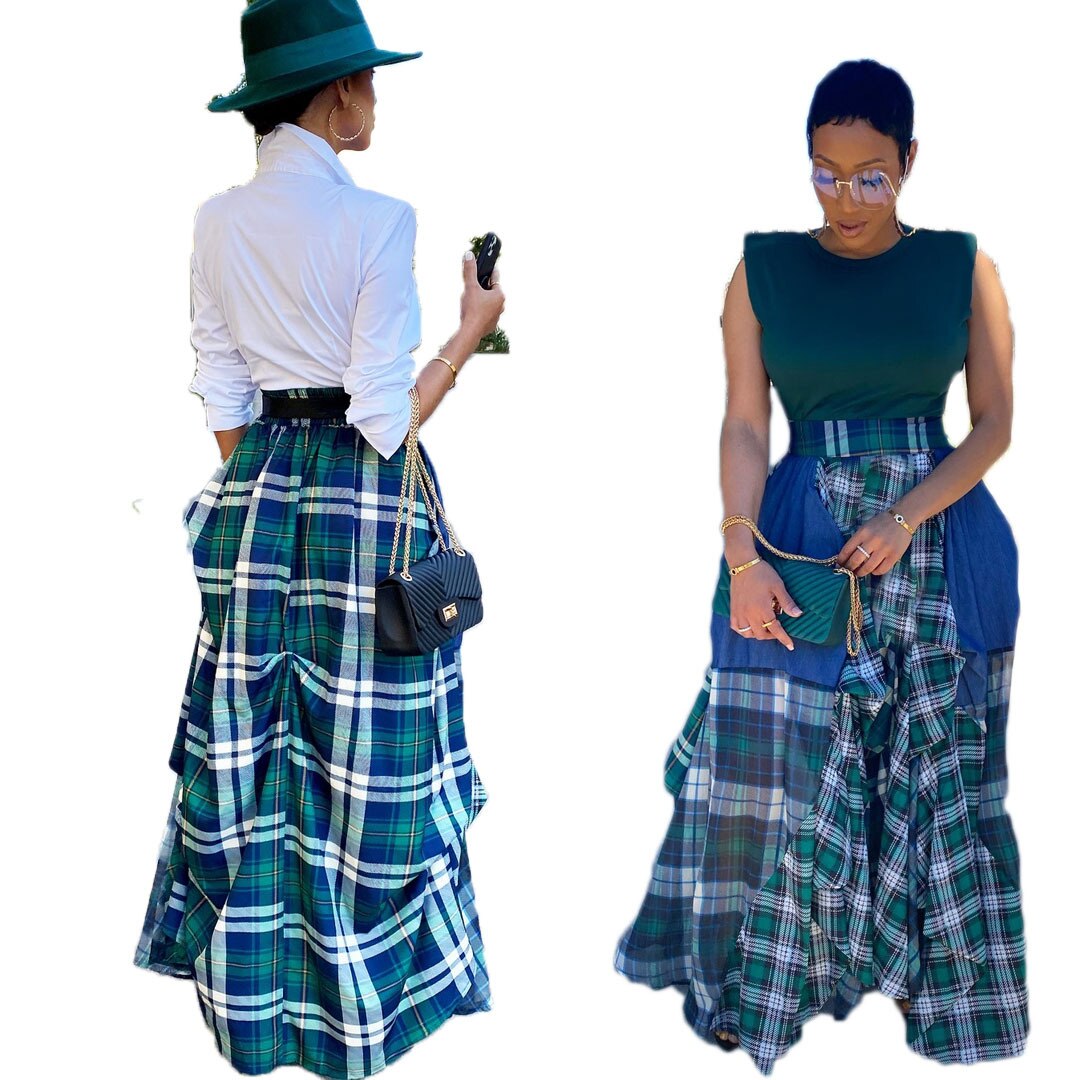 Plus Size Women Long Maxi Skirts High Waist Patchwork Loose Asymmetrical Plaid Print Big Swing Floor Length Skirt