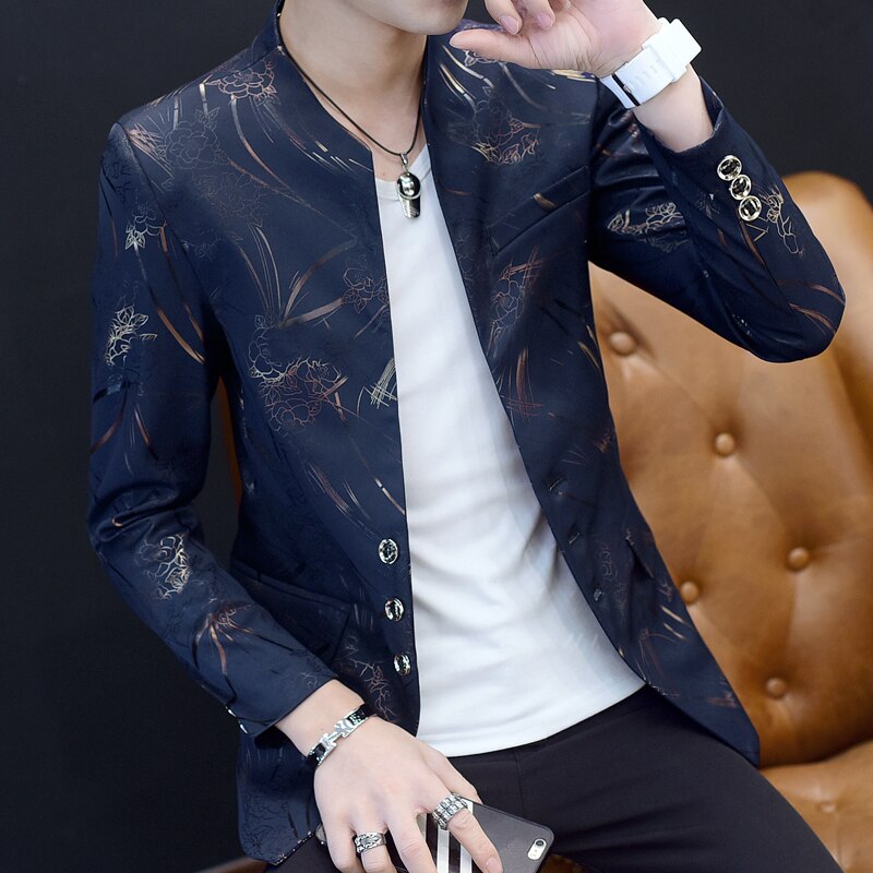 Print Foil Gold Stand Collar Suit Blazer Men Club Party Prom Jacket Floral Mandarin Masculino Slim Fit 7xl