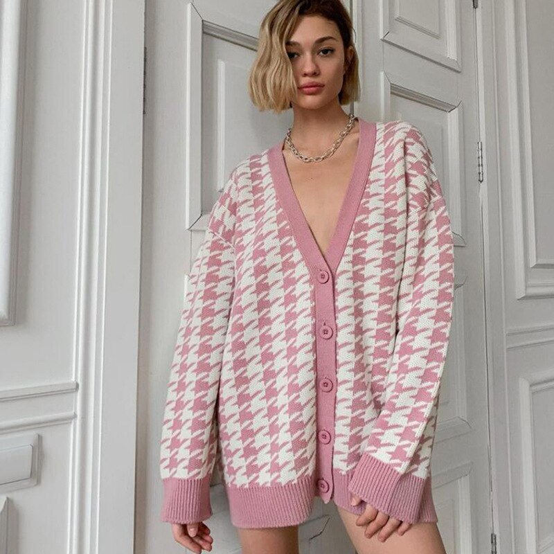 Cardigan Women 2022 Sweater Women&#39;s Loose V-neck Houndstooth Long Sleeve Knit Y2k Jacket Contrast Color Regular Sweaters
