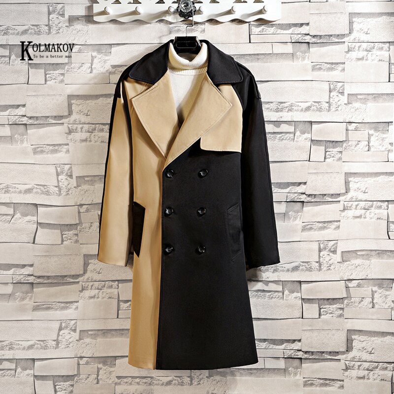 Autumn/Winter New British Style Patchwork Men Long Trench Coat Loose Black Navy Blue Double-Breasted Overcoat Male