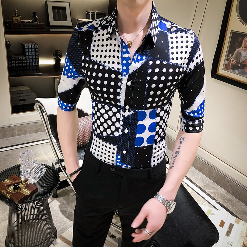 British Style Summer Men Polka Dot Shirt Fashion 2022 Streetwear Half Sleeve Casual Shirts Slim Fit Club Tuxedo Dress 3XL-M