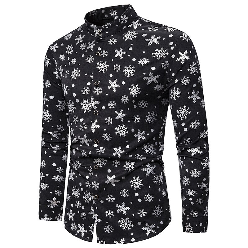 New Snow Gold Bronzing Christmas Shirt Men Long Sleeve Mandarin Collar Mens Black Dress Shirts Xmas Party Prom Costume 2XL