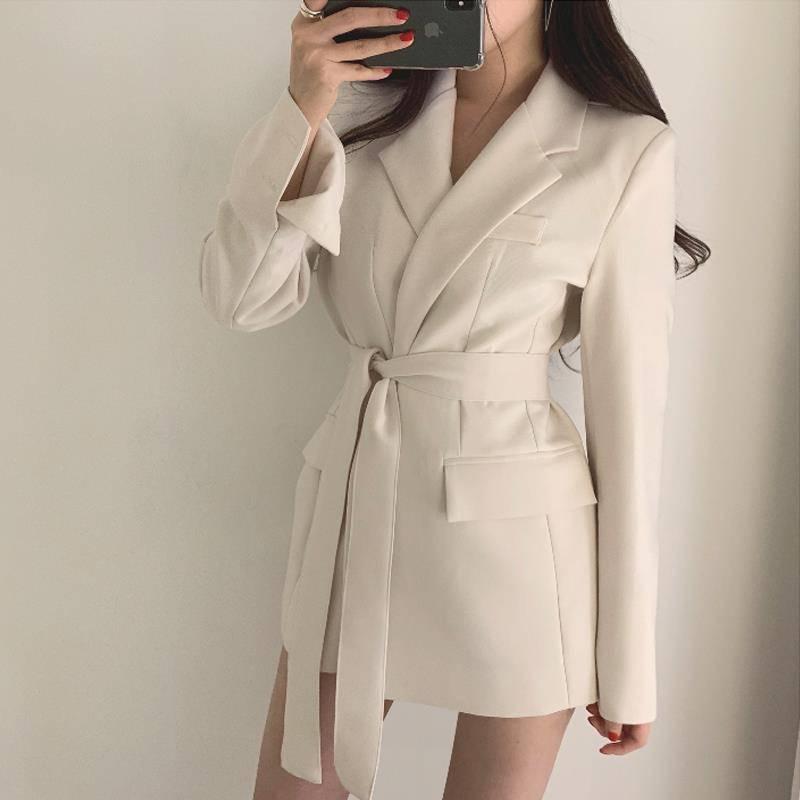 Spring Korean Vintage Blazer Women Loose Sashes Full Sleeve Outwear Blaser Femme Long Blazers Coats