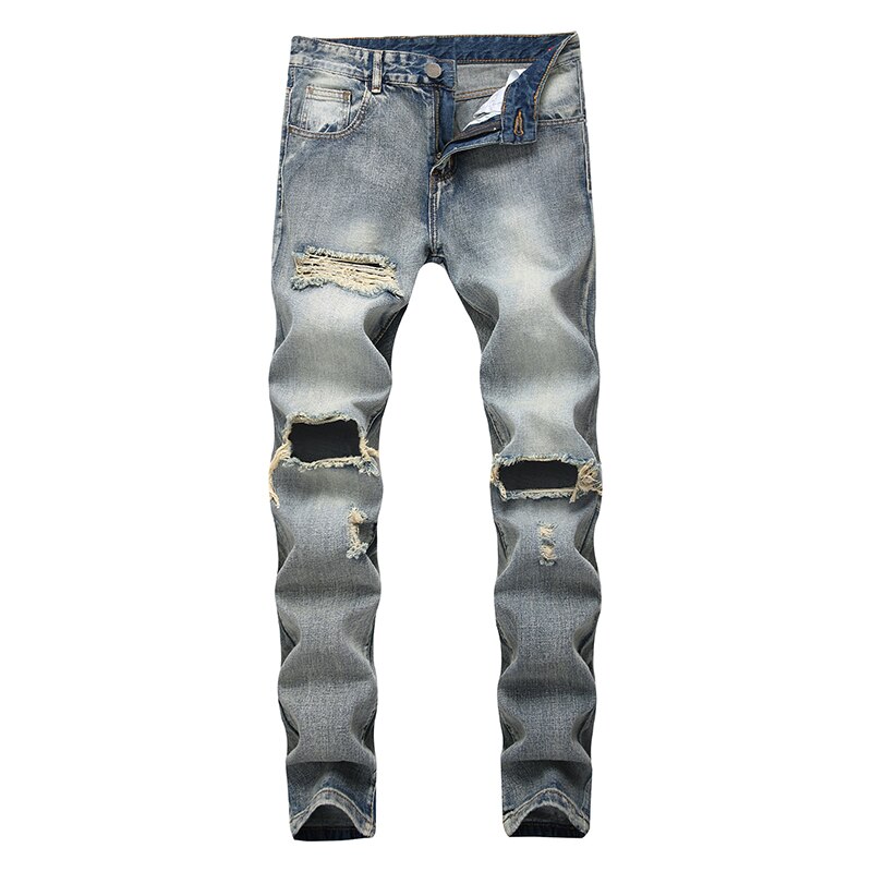 Fashionable Knee Hole Straight Denim Jeans Men Brand Motorcycle Cotton Pants Elastic Destruction Tear Design Pant