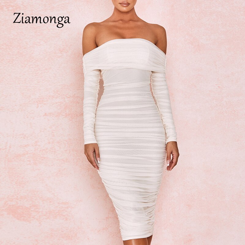 Ziamonga Black White Khaki Strapless Long Sleeve Pleated Mesh Bandage Lined Bodycon Midi Dress Women Night Club Party Dresses