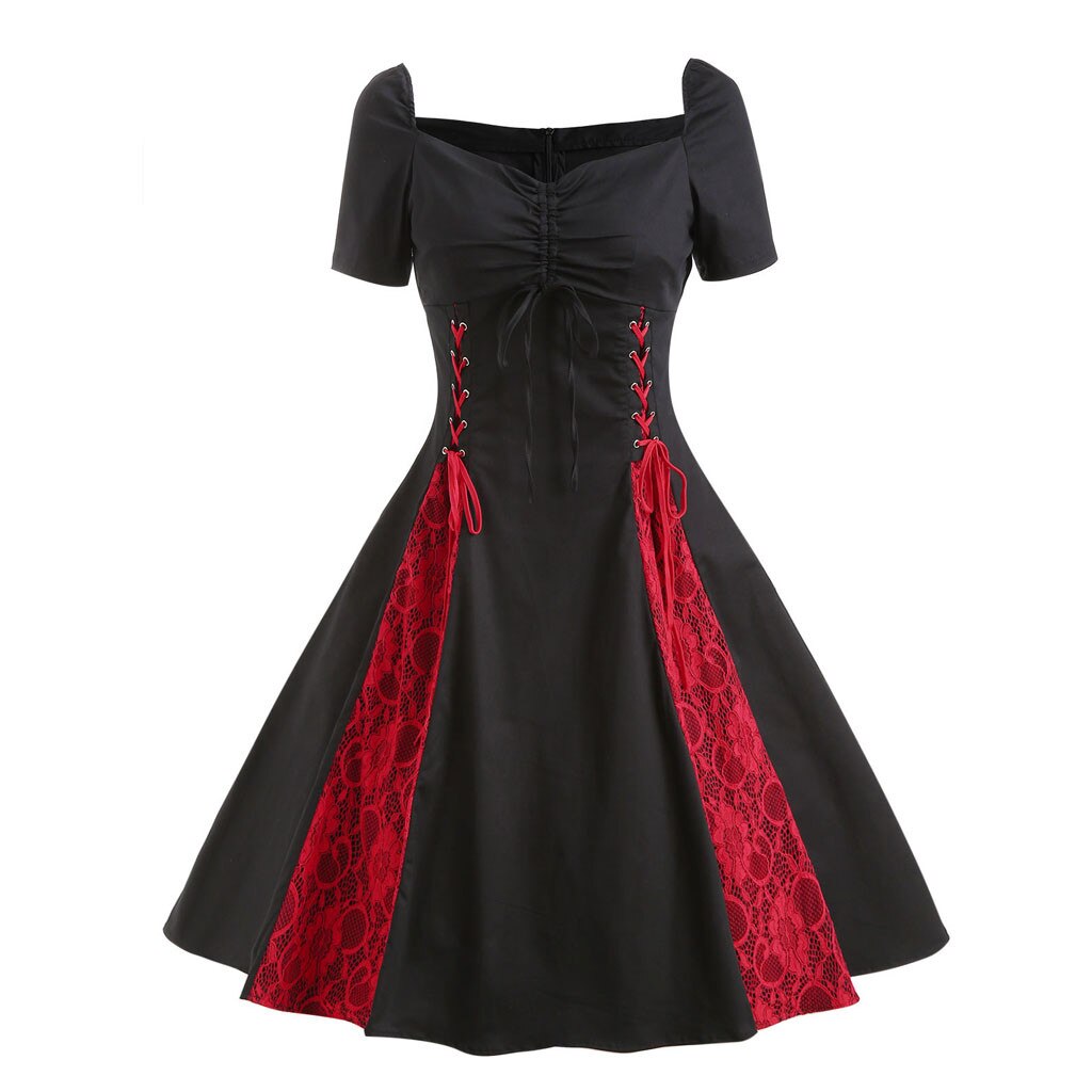 New Women Short Sleeve Gothic Lace Rockabilly Evening Prom Swing Punk Dress Vocation Sundresses Bandage