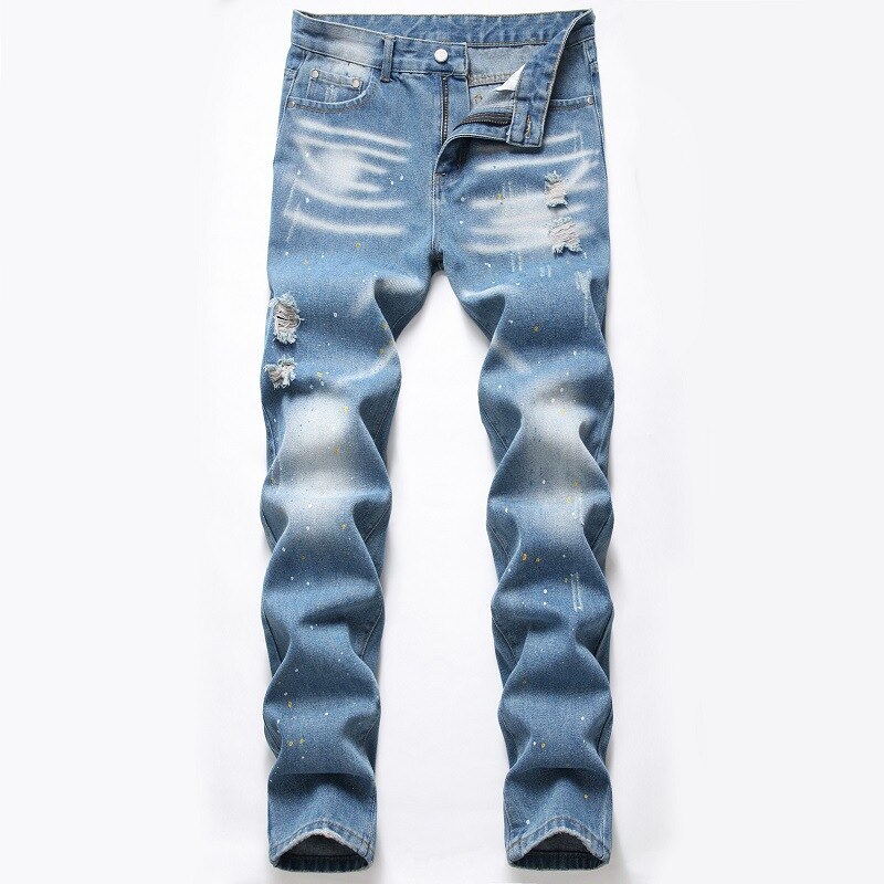 Denim Men Ripped Jeans Elastic Retro Blue Casual Trousers Long Cotton High-quality Slim-fit Skinny Hip-hop