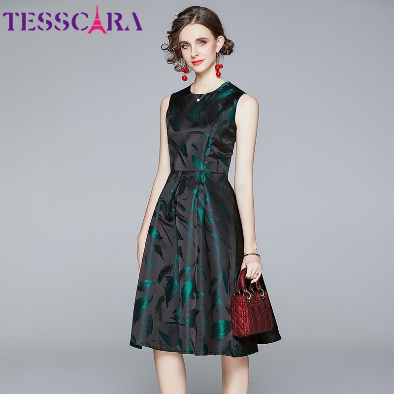 Women Luxury Jacquard Dress Festa High Quality Office Cocktail Party Robe Femme Vintage Designer Sleeveless Vestidos