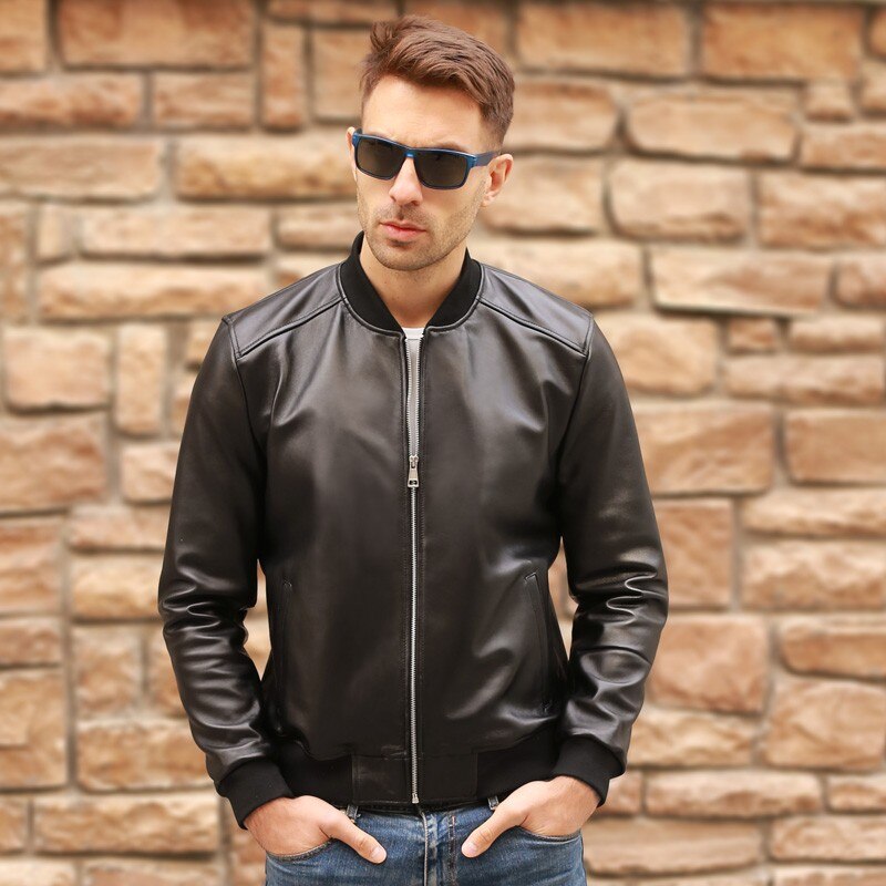 Large Size 5XL Sheepskin Slim Aviation Genuine Leather Bomber Jacket Men Real Flights Black Aviator Pilot Coats