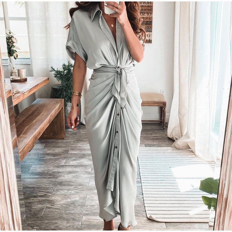 Women Summer Elegant Button Ruched Bandage Shirt Dress Fashion Casual Short Sleeve Solid V Neck Beach Maxi