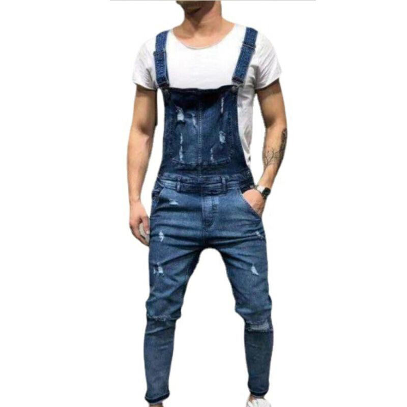 Mens Casual Overall Jeans Skinny Solid Color Pants Dungarees Slim Fit Trousers Male Overalls Jump Suit Denim For Men