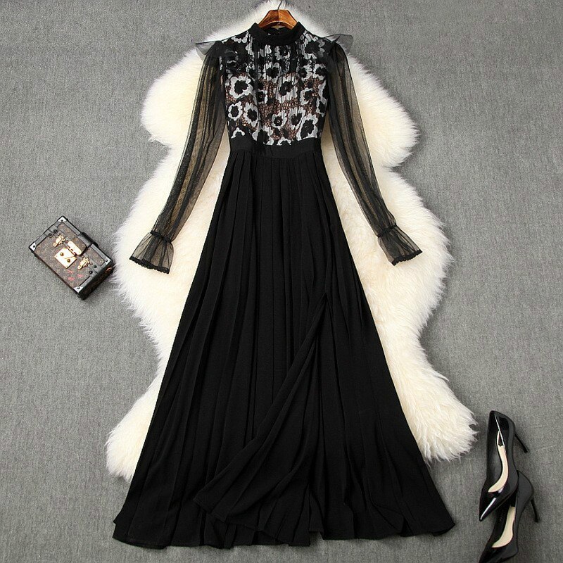 High Quality Vintage Party Robe Elegant Lace Cocktail Vestidos Women Runway Designer Luxury Long Maxi Pleated Dress