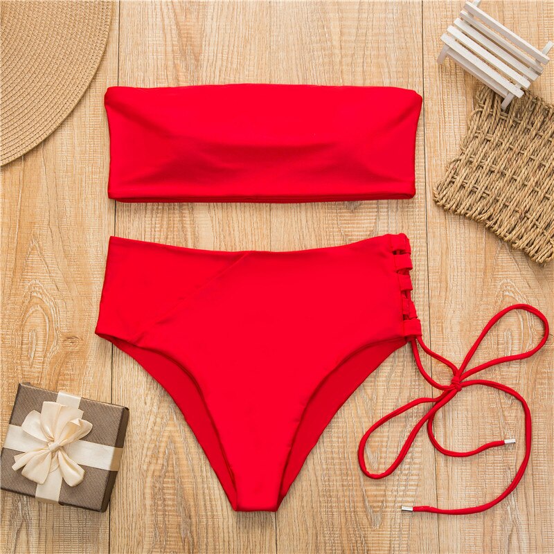 Melphieer Sexy Bikini 2022 Yellow Bathing Suit High Waist Swimsuit Solid Beachwear Adjust Bottom Swimwear Women Hot Bandeau Pads