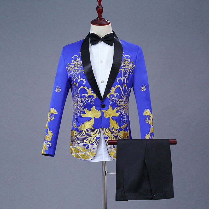 Gold Embroidery Dress Suit Men Slim Fit Shawl Lapel Mens White Suits With Pants Stage Prom Wedding Grooms Singer Costumes Homme