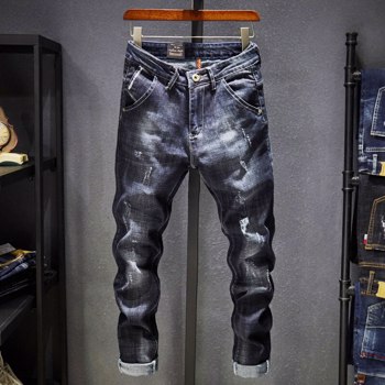 男式牛仔裤品牌罗宾2022嘻哈秋季男士纯棉全长中黑色大减价