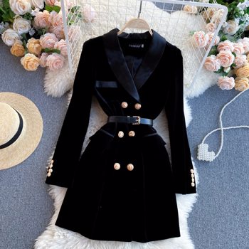 西装外套女式天鹅绒套装夹克冬季双排扣长袖女式黑带修身外套