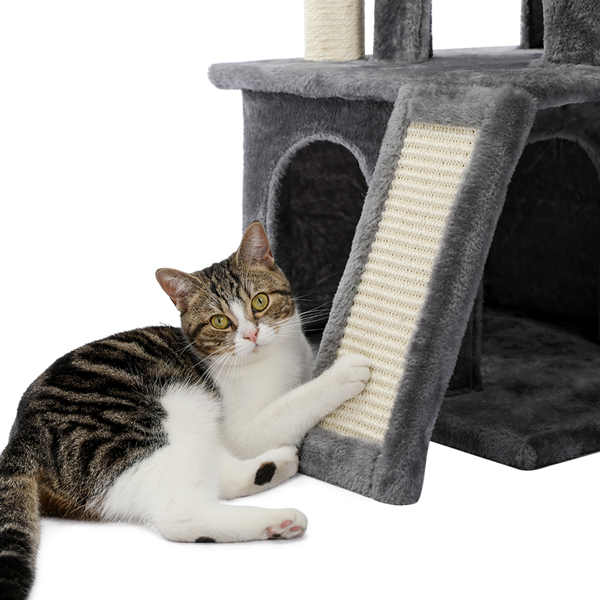 灰色多层豪华猫台带有2个舒适猫窝，1个宽敞的顶部躺窝，猫抓柱，坡道和猫互动玩具晃球-10