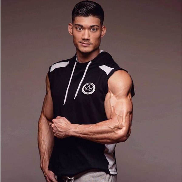 健身男士无袖肌肉连帽衫锻炼服休闲棉质上衣连帽衫背心2色-1