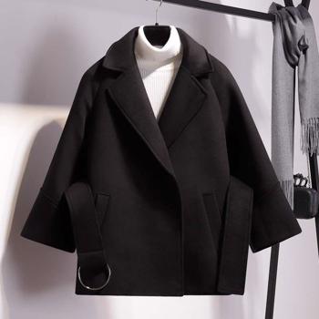 New Women Short Woolen Coat Belt Jacket Turn-down Collar Casual Loose Trench Coats Female Plus Size Outerwear