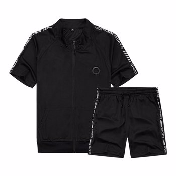 夏季男士休闲套装宽松新款慢跑运动服2022男士运动装拉链T恤+短裤2件运动装印花服装