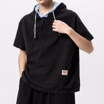 男式棉质亚麻短袖上衣连帽T恤男装中式街头服饰复古T恤男式超大款T恤M-5XL