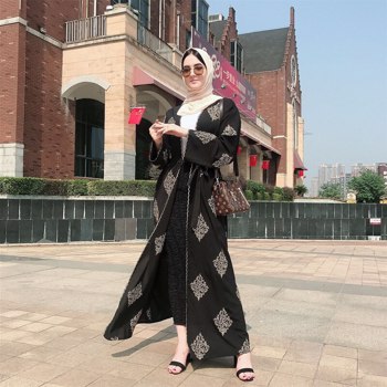 穆斯林阿巴亚蕾丝拼贴开衫长袍斋月中东Thobe流行阿拉伯土耳其马来西亚时尚