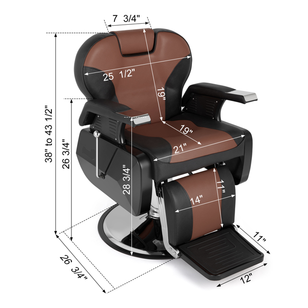 PVC皮套 ABS扶手壳 圆盘带搁脚 可放倒 理发椅 300.00lbs 黑棕色 HZ8702C N001-36