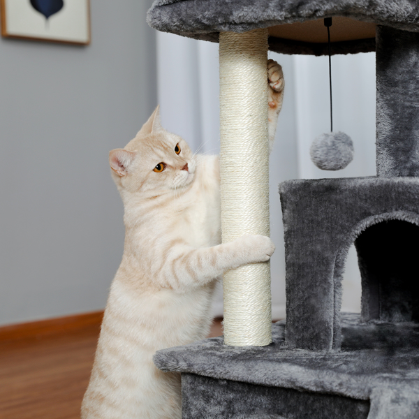 灰色多层豪华猫台带有2个舒适猫窝，1个宽敞的顶部躺窝，猫抓柱，坡道和猫互动玩具晃球-9