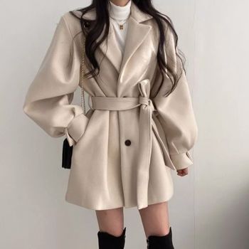 2022年冬季新款时尚宽松羊毛外套女式西服领中长羊绒夹克